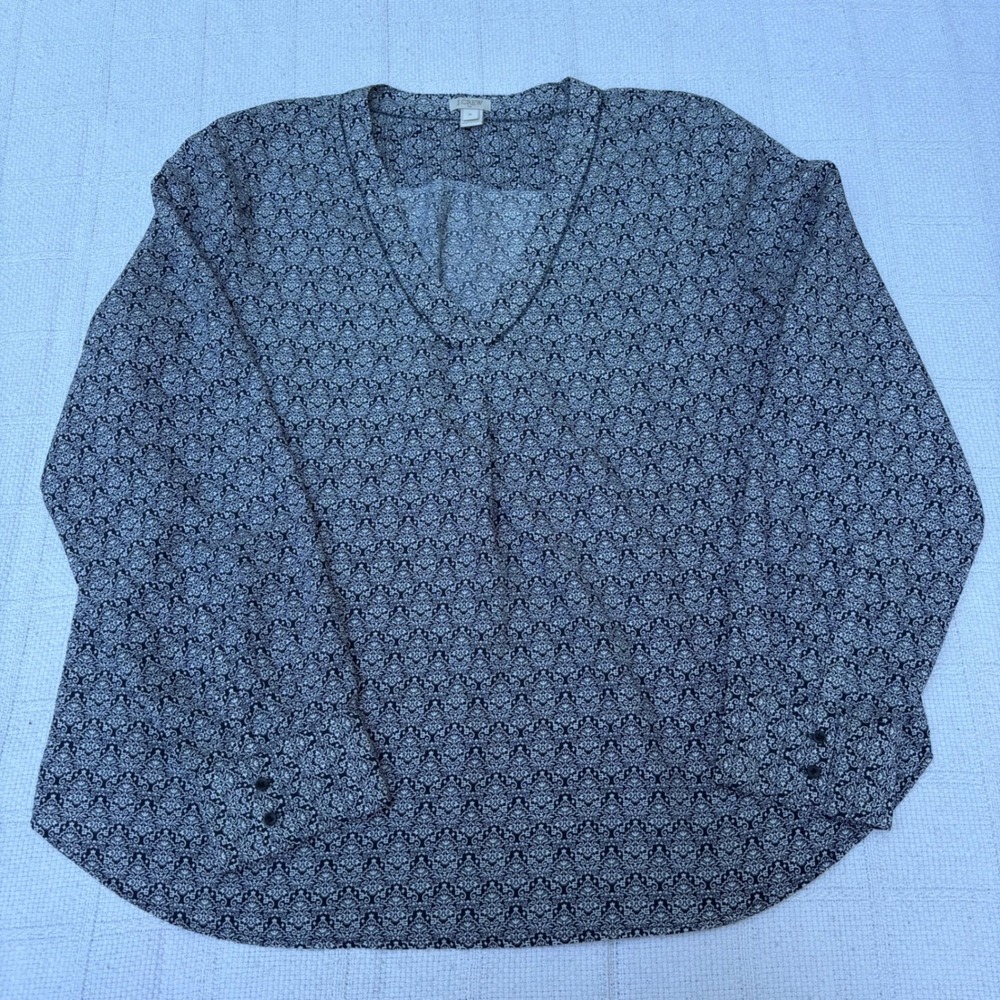 Women's XL J. CREW Navy White Popover Long Sleeve V-Neck Peasant Blouse‎ F3802